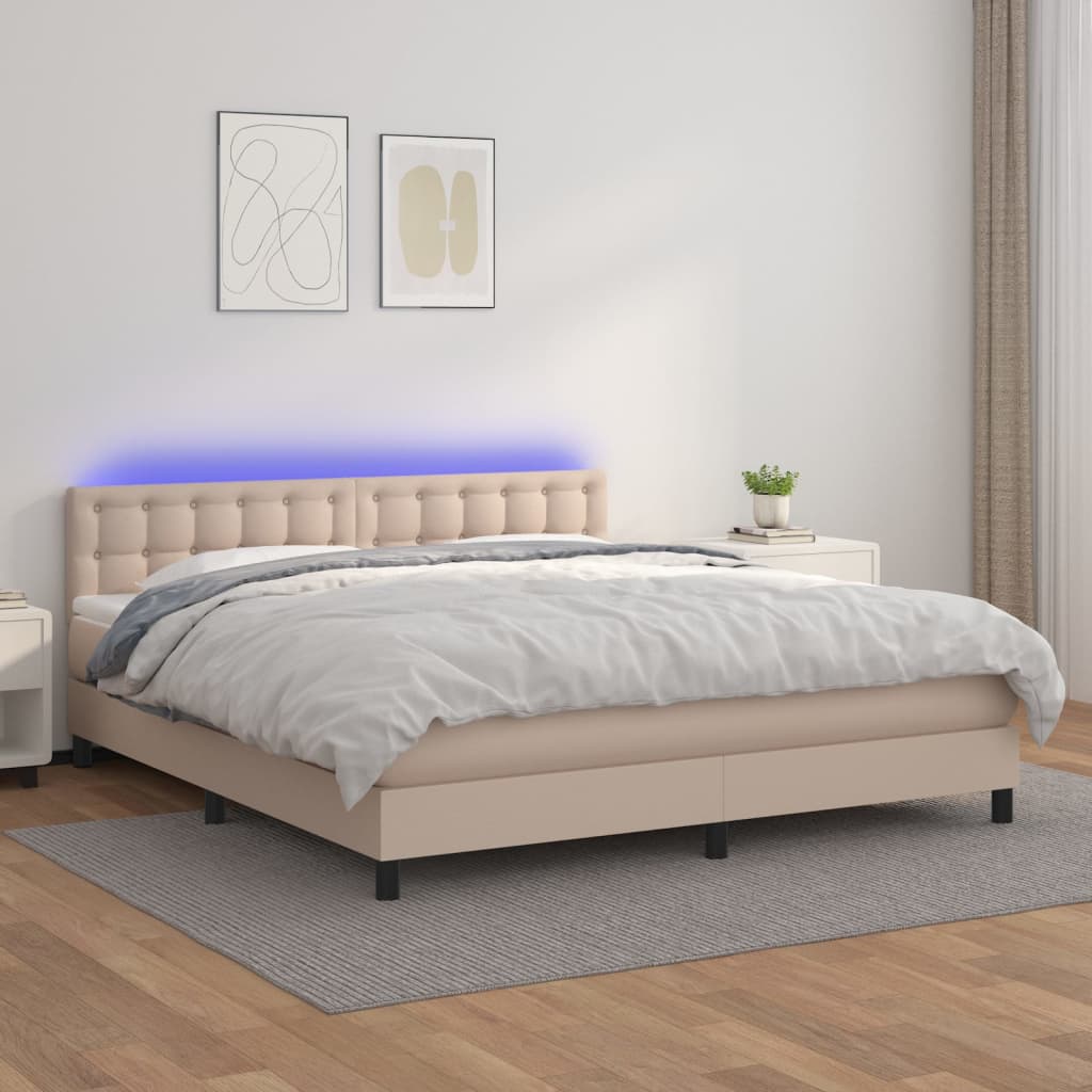 Κρεβάτι Boxspring Στρώμα&LED Καπουτσίνο 180x200 εκ. Συνθ. Δέρμα