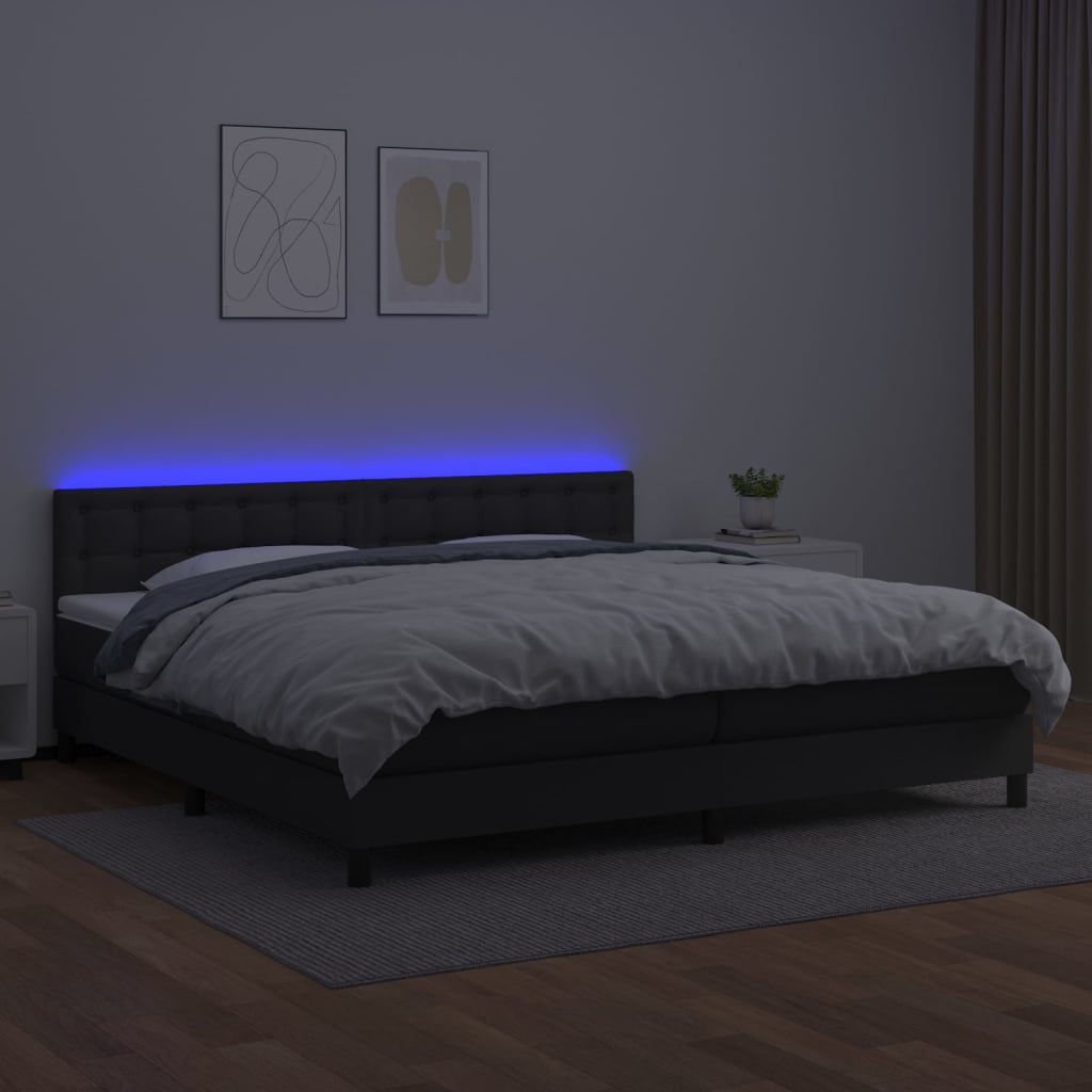 Κρεβάτι Boxspring με Στρώμα & LED Μαύρο 200x200 εκ. Συνθ. Δέρμα