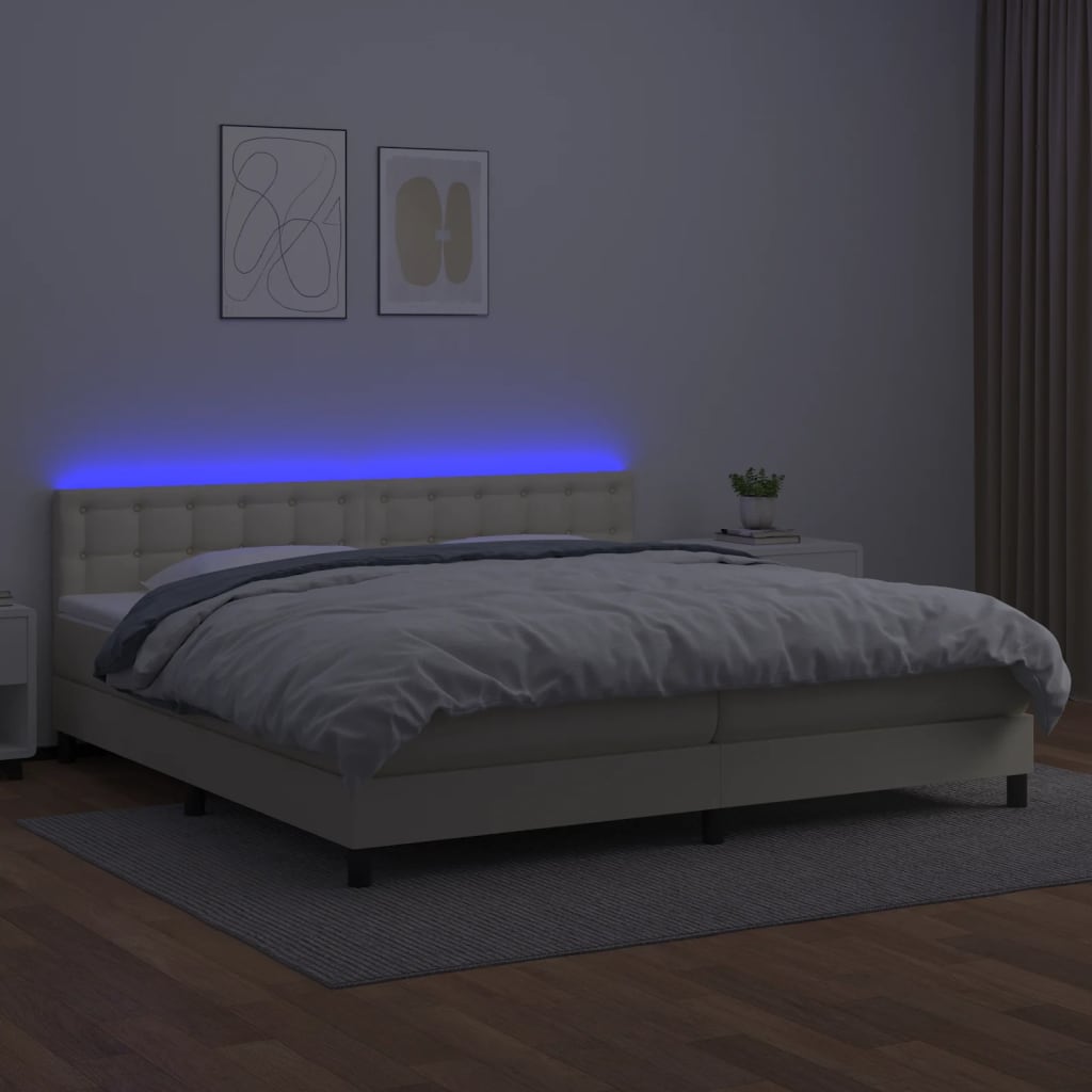 Κρεβάτι Boxspring με Στρώμα & LED Κρεμ 200x200 εκ. Συνθ. Δέρμα - Pakobazaar