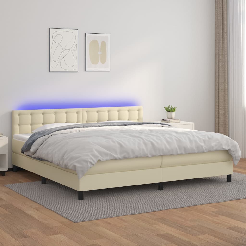 Κρεβάτι Boxspring με Στρώμα & LED Κρεμ 200x200 εκ. Συνθ. Δέρμα - Pakobazaar