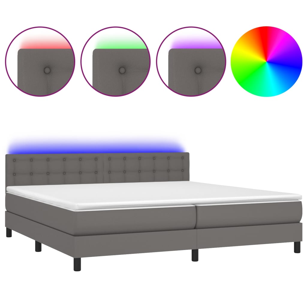 Κρεβάτι Boxspring με Στρώμα & LED Γκρι 200x200 εκ. Συνθ. Δέρμα
