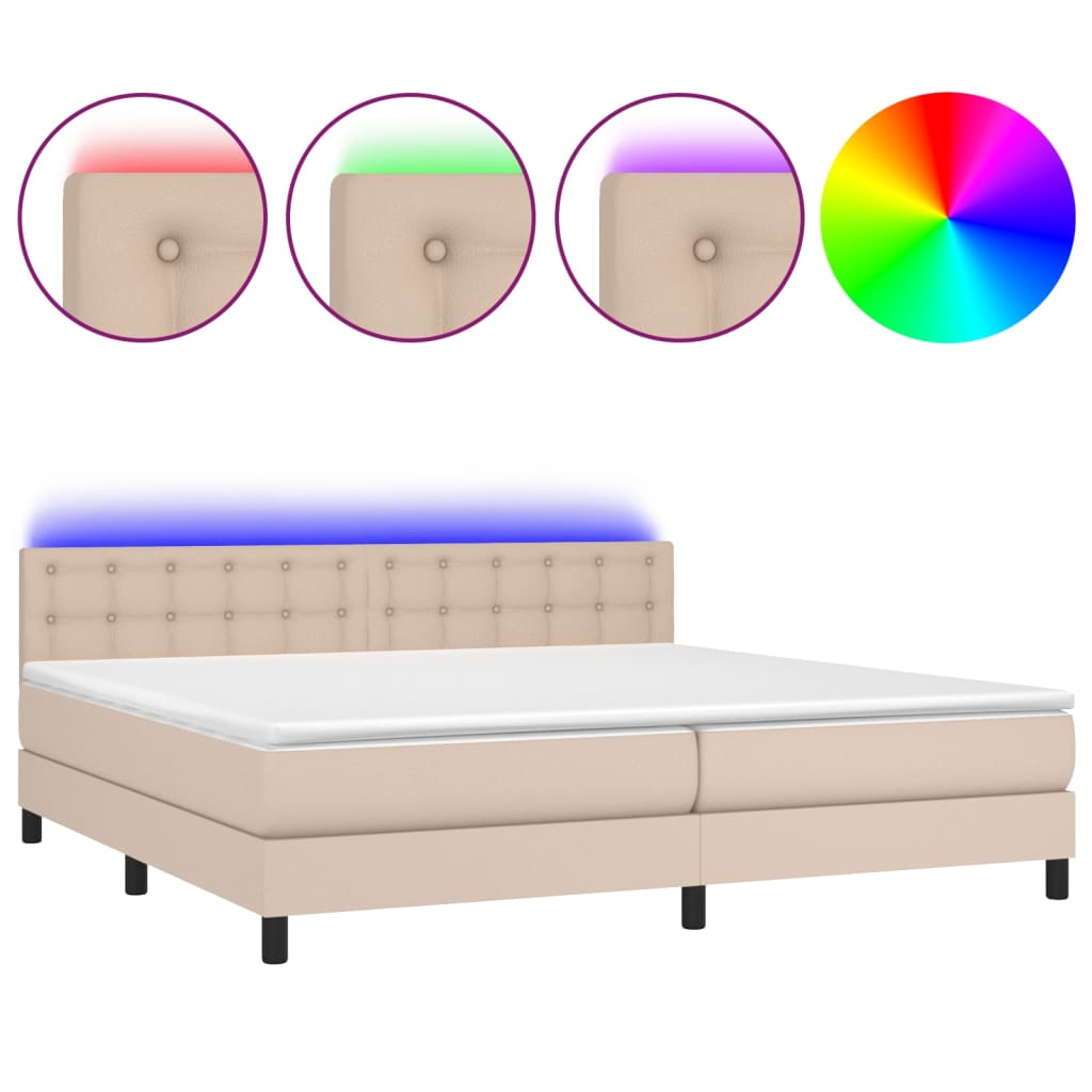 Κρεβάτι Boxspring Στρώμα&LED Καπουτσίνο 200x200 εκ. Συνθ. Δέρμα - Pakobazaar