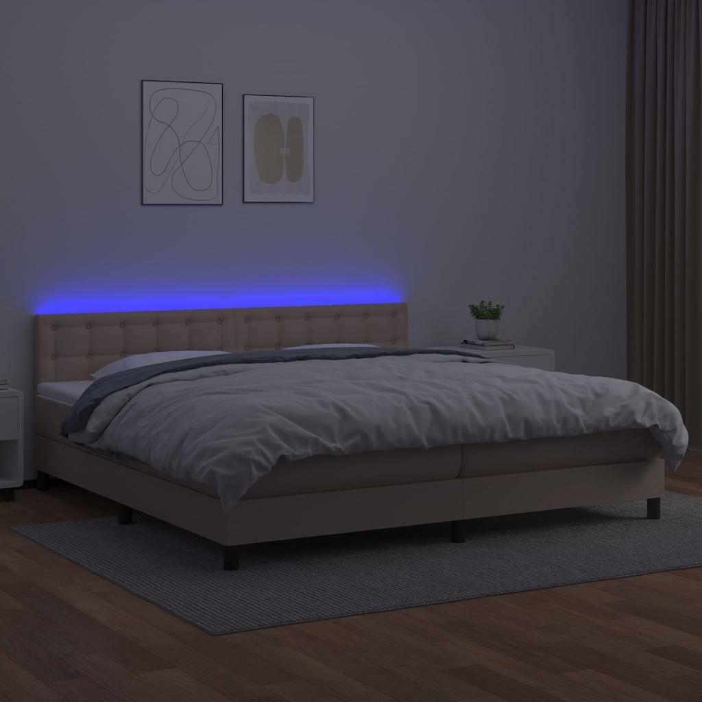 Κρεβάτι Boxspring Στρώμα&LED Καπουτσίνο 200x200 εκ. Συνθ. Δέρμα - Pakobazaar