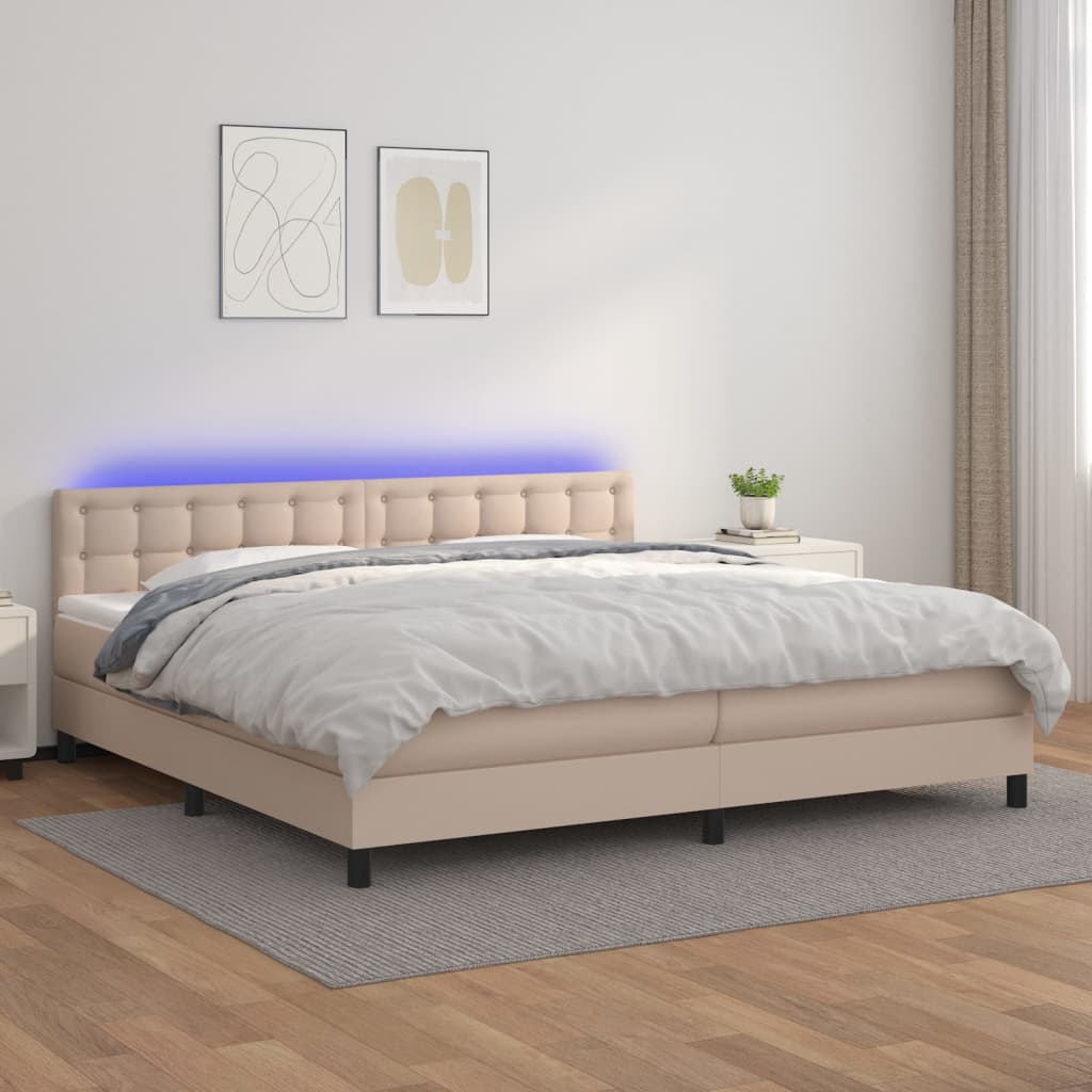 Κρεβάτι Boxspring Στρώμα&LED Καπουτσίνο 200x200 εκ. Συνθ. Δέρμα - Pakobazaar