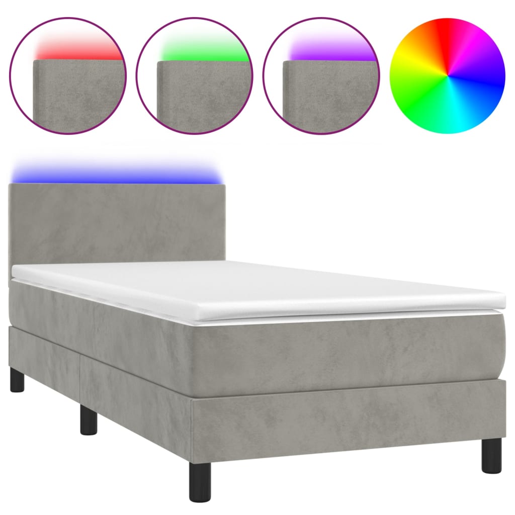 Κρεβάτι Boxspring με Στρώμα & LED Αν.Γκρι 90x190 εκ. Βελούδινο - Pakobazaar