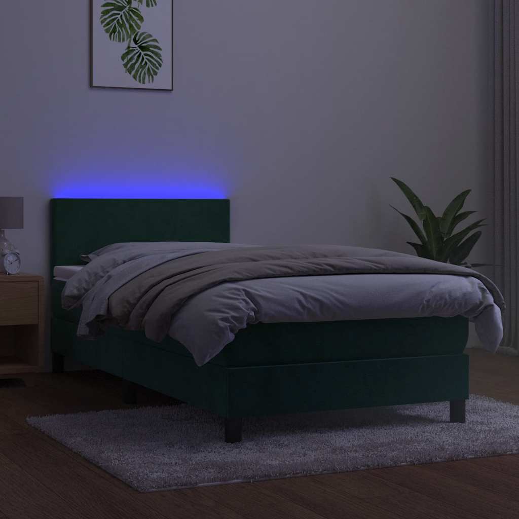 Κρεβάτι Boxspring με Στρώμα & LED Σκ. Πράσινο 90x190 εκ Βελούδο