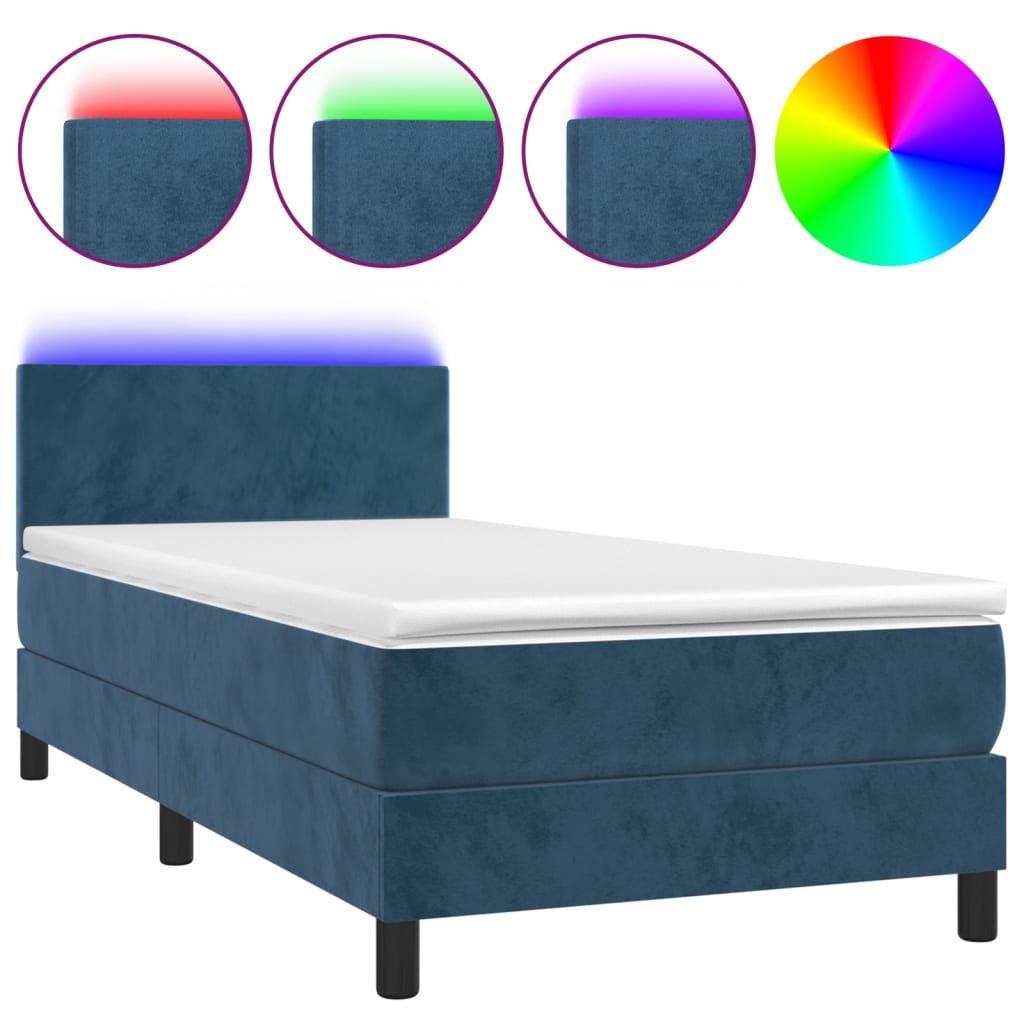 Κρεβάτι Boxspring με Στρώμα & LED Σκ. Μπλε 90x190 εκ. Βελούδινο