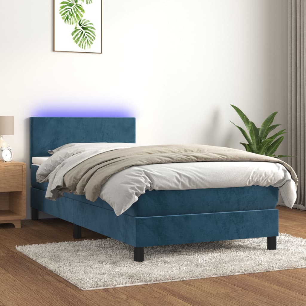 Κρεβάτι Boxspring με Στρώμα & LED Σκ. Μπλε 90x190 εκ. Βελούδινο