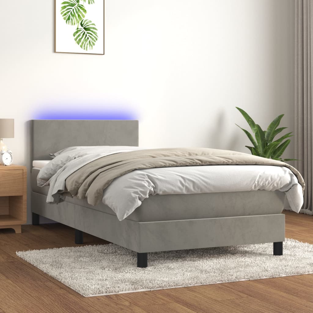 Κρεβάτι Boxspring με Στρώμα & LED Αν.Γκρι 90x200 εκ. Βελούδινο - Pakobazaar