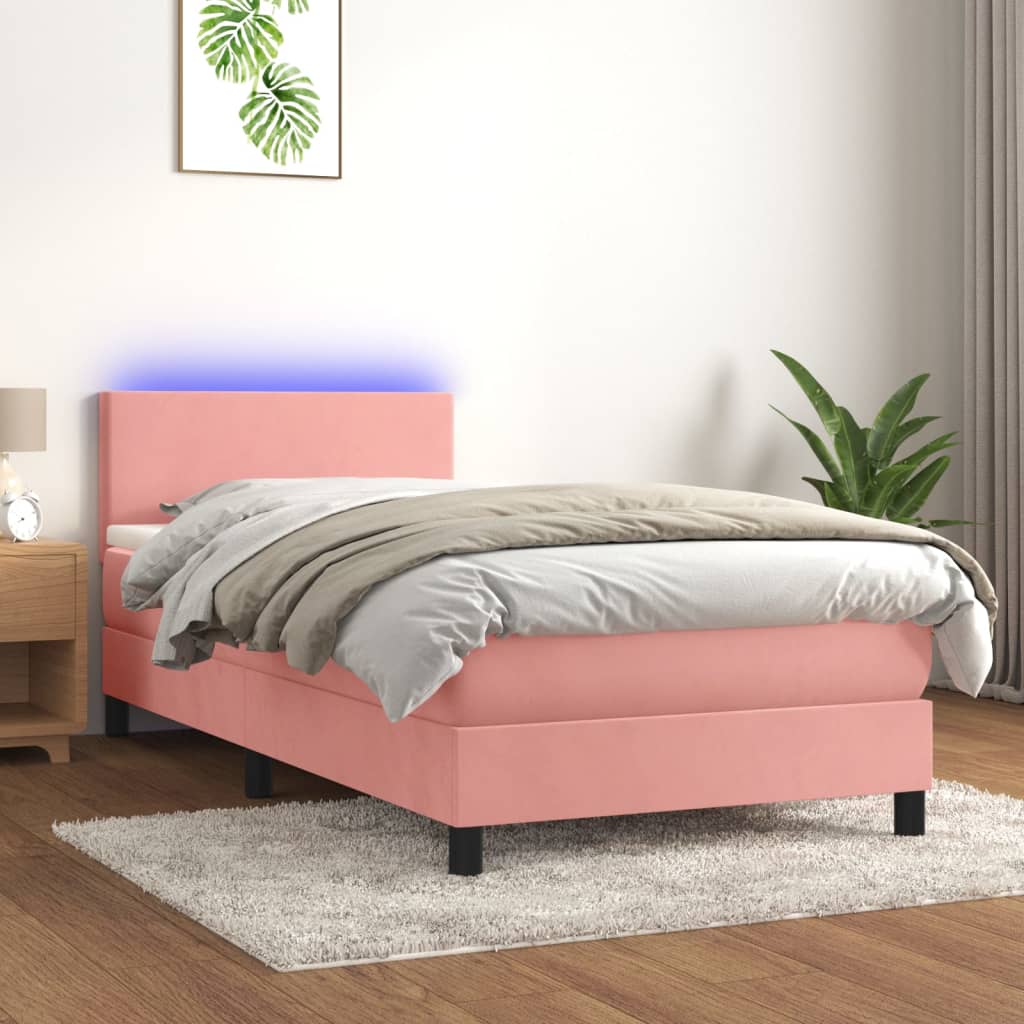Κρεβάτι Boxspring με Στρώμα & LED Ροζ 100x200 εκ. Βελούδινο