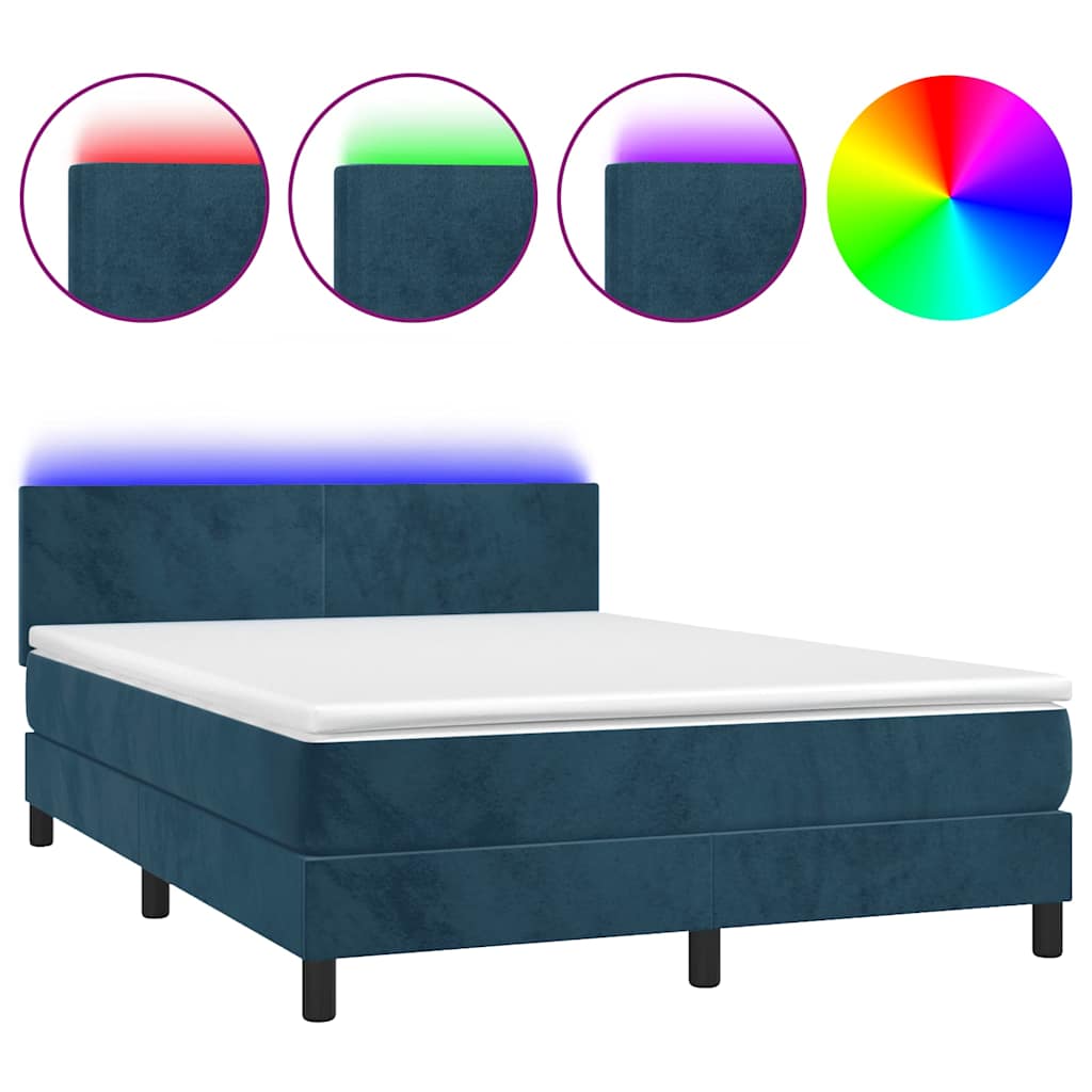 Κρεβάτι Boxspring με Στρώμα & LED Σκ. Μπλε 140x200εκ. Βελούδινο