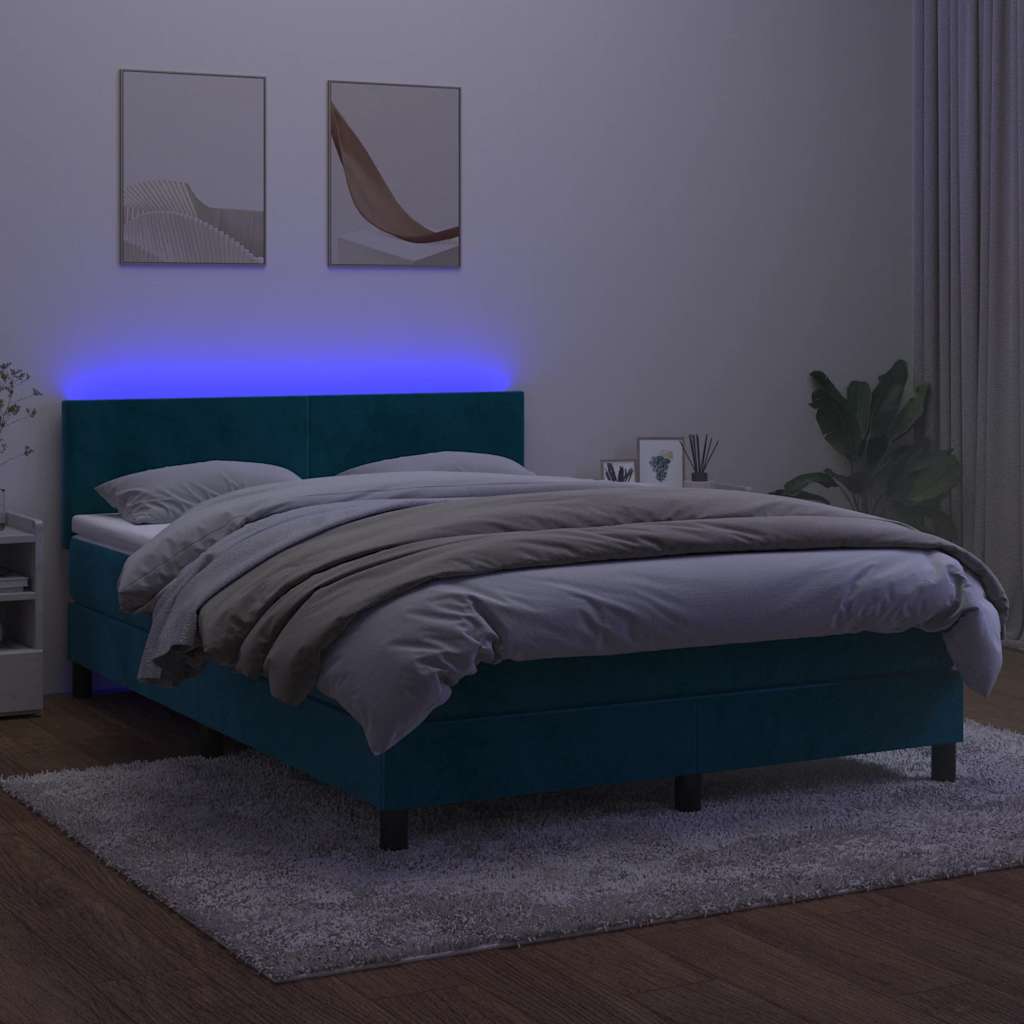 Κρεβάτι Boxspring με Στρώμα & LED Σκ. Μπλε 140x200εκ. Βελούδινο