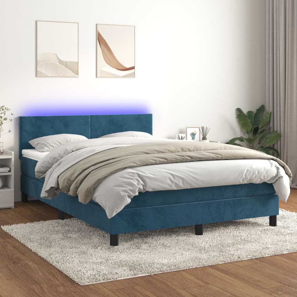 Κρεβάτι Boxspring με Στρώμα & LED Σκ. Μπλε 140x200εκ. Βελούδινο