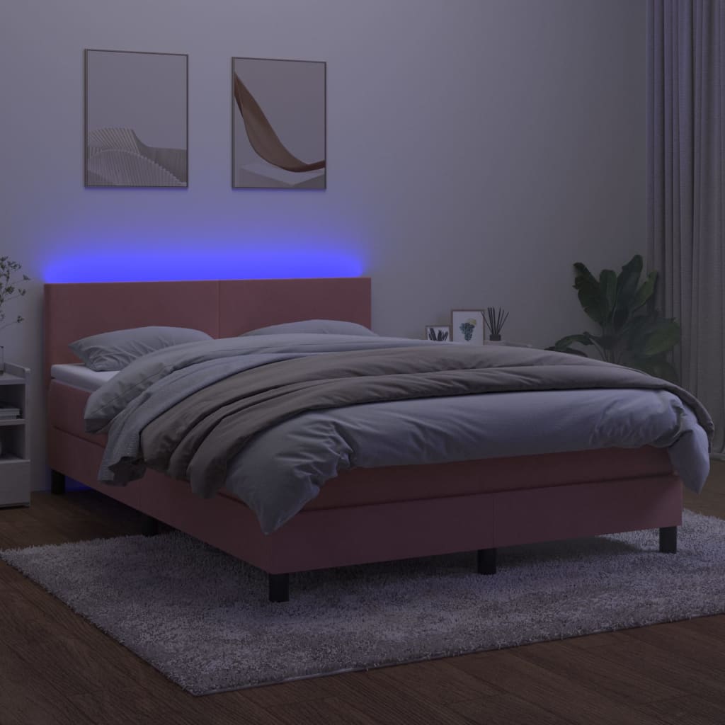 Κρεβάτι Boxspring με Στρώμα & LED Ροζ 140x200 εκ. Βελούδινο