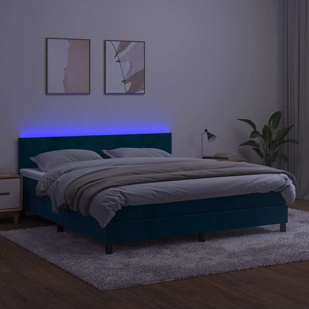 Κρεβάτι Boxspring με Στρώμα & LED Σκ. Μπλε 160x200εκ. Βελούδινο
