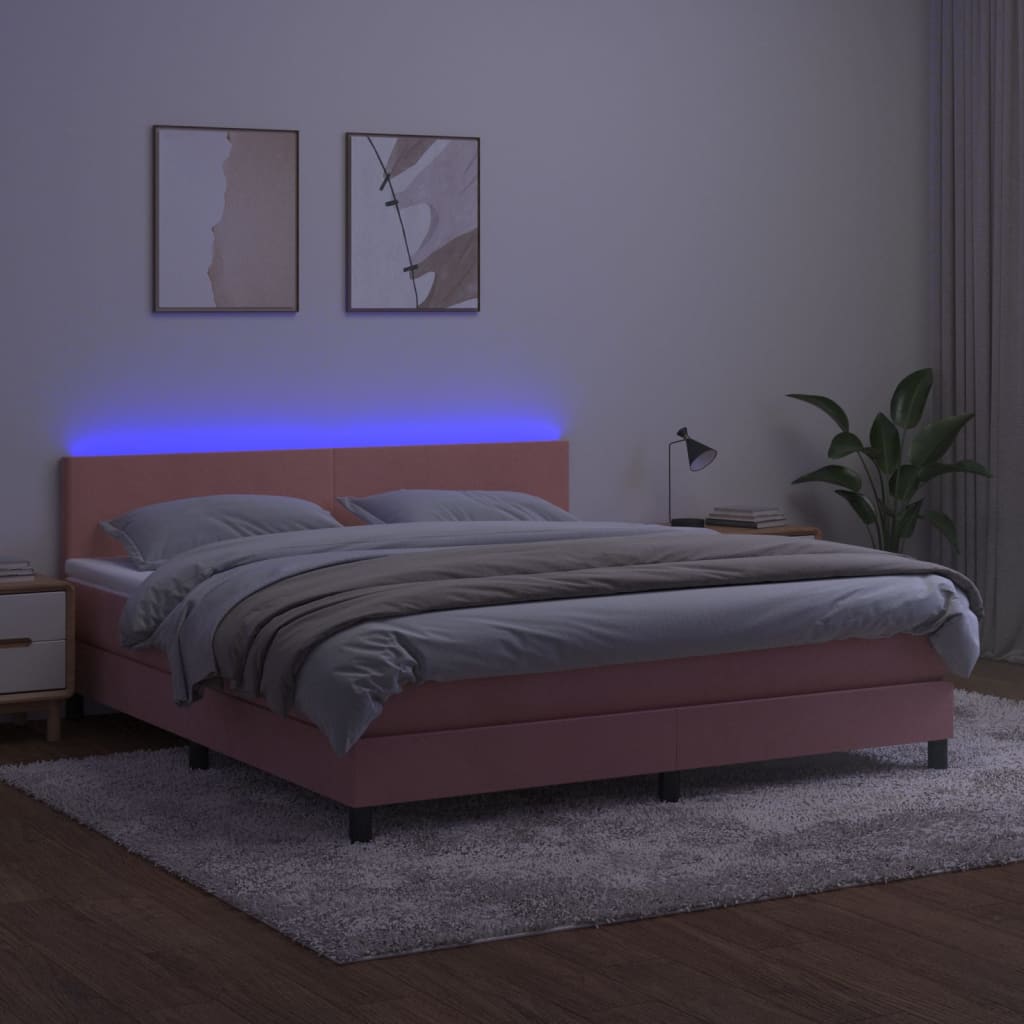 Κρεβάτι Boxspring με Στρώμα & LED Ροζ 160x200 εκ. Βελούδινο