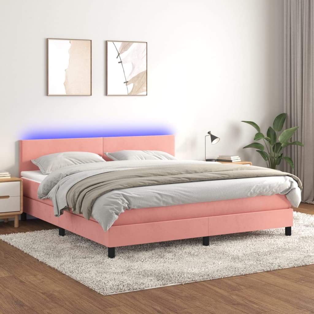 Κρεβάτι Boxspring με Στρώμα & LED Ροζ 160x200 εκ. Βελούδινο