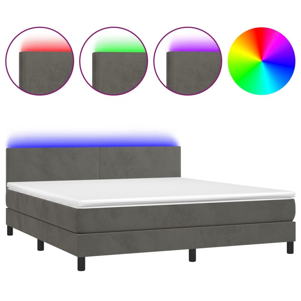 Κρεβάτι Boxspring με Στρώμα & LED Σκ. Γκρι 180x200εκ. Βελούδινο
