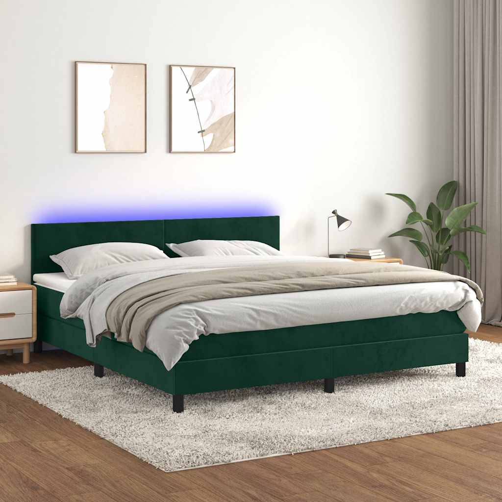 Κρεβάτι Boxspring με Στρώμα & LED Σκ. Πράσινο 180x200εκ Βελούδο