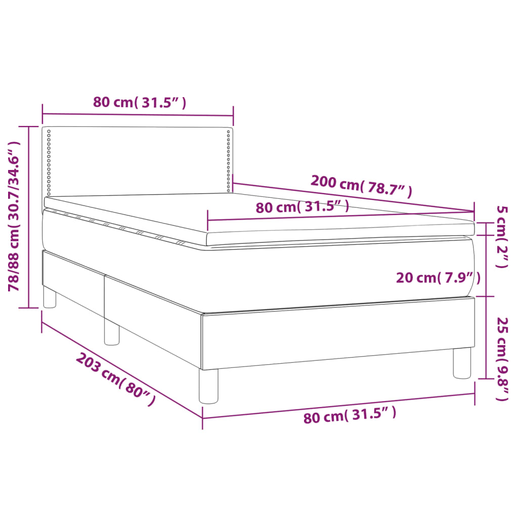 Κρεβάτι Boxspring με Στρώμα & LED Αν.Γκρι 80x200 εκ. Βελούδινο