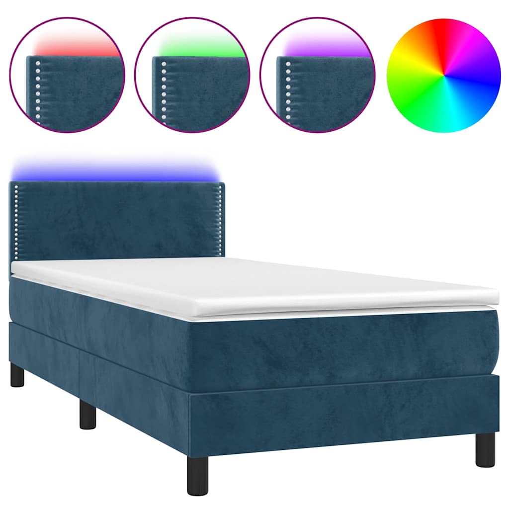 Κρεβάτι Boxspring με Στρώμα & LED Σκ. Μπλε 90x190 εκ. Βελούδινο