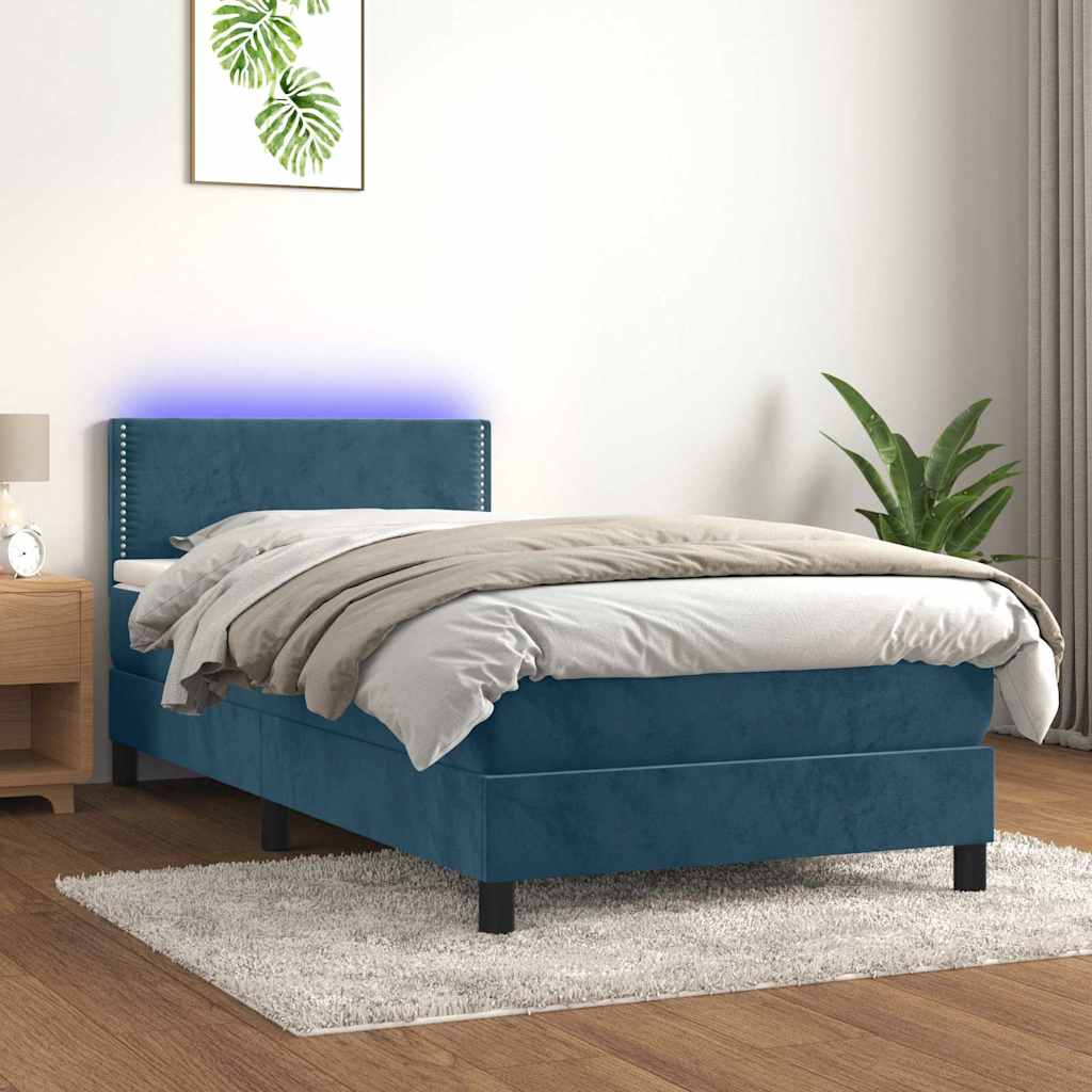 Κρεβάτι Boxspring με Στρώμα & LED Σκ. Μπλε 90x190 εκ. Βελούδινο