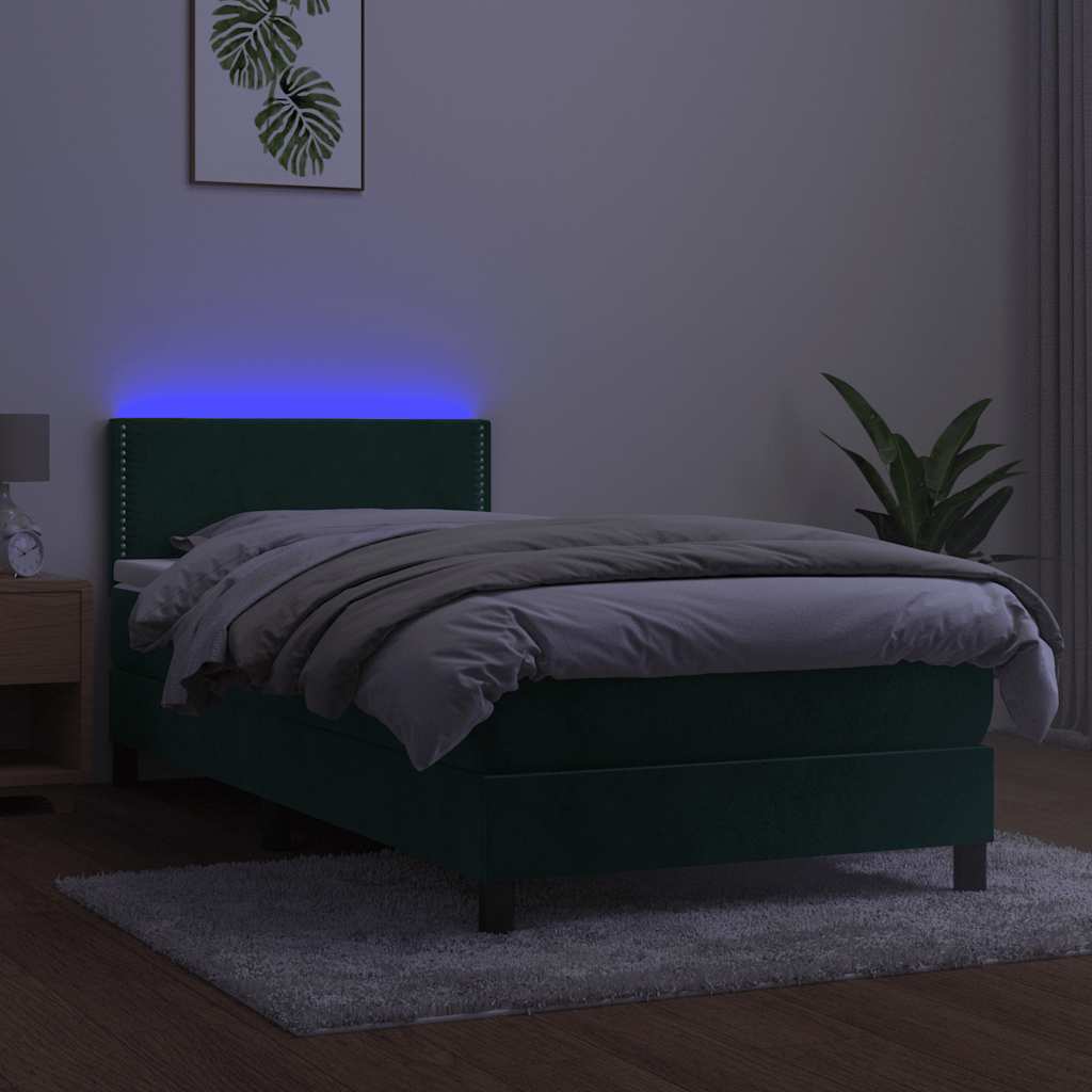 Κρεβάτι Boxspring με Στρώμα & LED Σκ. Πράσινο 90x200 εκ Βελούδο
