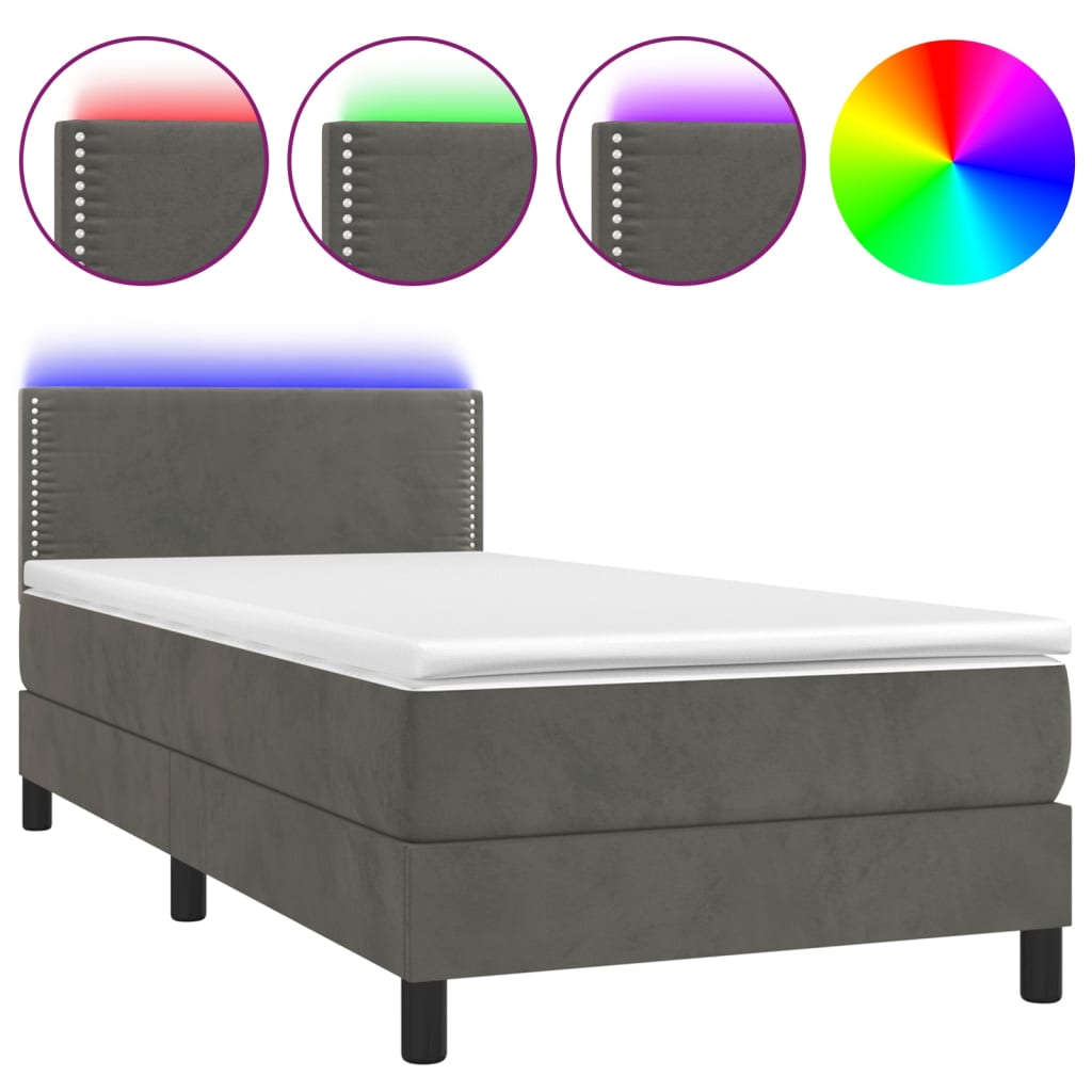 Κρεβάτι Boxspring με Στρώμα & LED Σκ. Γκρι 100x200εκ. Βελούδινο