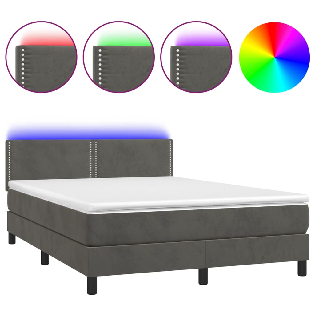 Κρεβάτι Boxspring με Στρώμα & LED Σκ. Γκρι 140x190εκ. Βελούδινο