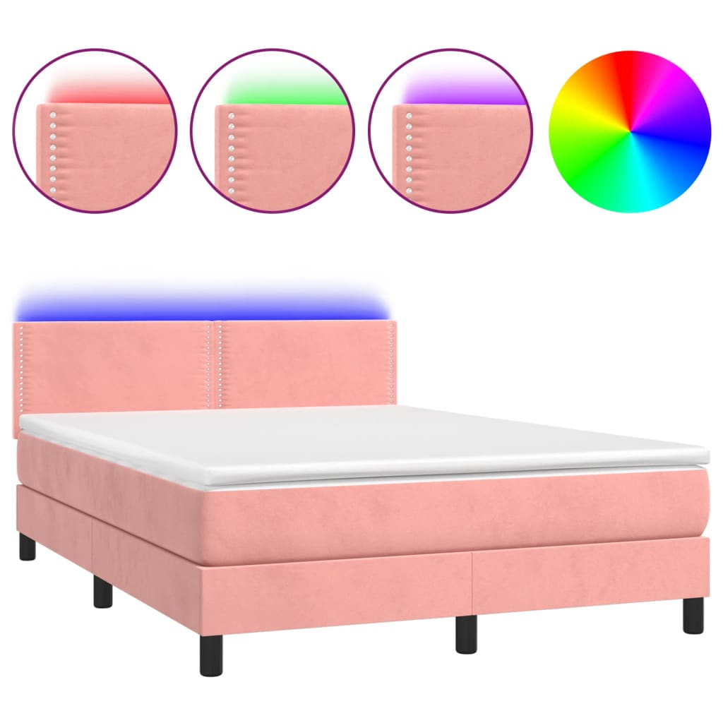 Κρεβάτι Boxspring με Στρώμα & LED Ροζ 140x190 εκ. Βελούδινο - Pakobazaar
