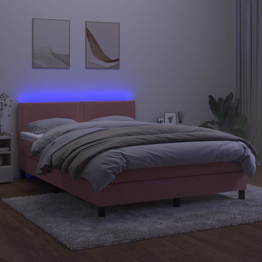 Κρεβάτι Boxspring με Στρώμα & LED Ροζ 140x190 εκ. Βελούδινο - Pakobazaar