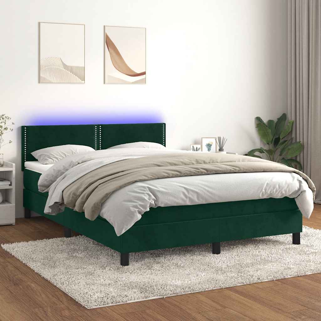 Κρεβάτι Boxspring με Στρώμα & LED Σκ. Πράσινο 140x200εκ Βελούδο