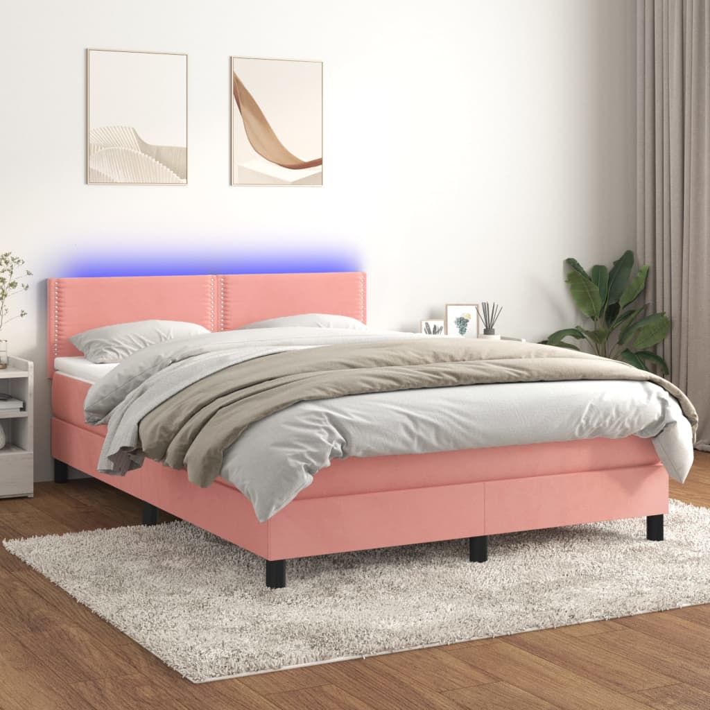 Κρεβάτι Boxspring με Στρώμα & LED Ροζ 140x200 εκ. Βελούδινο - Pakobazaar