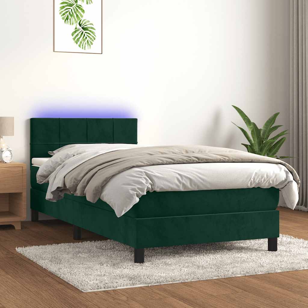 Κρεβάτι Boxspring με Στρώμα & LED Σκ. Πράσινο 90x190 εκ Βελούδο