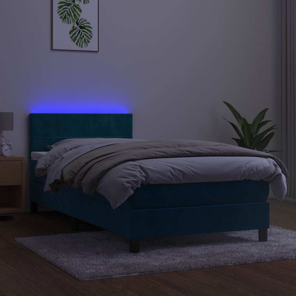 Κρεβάτι Boxspring με Στρώμα & LED Σκ. Μπλε 90x190 εκ. Βελούδινο