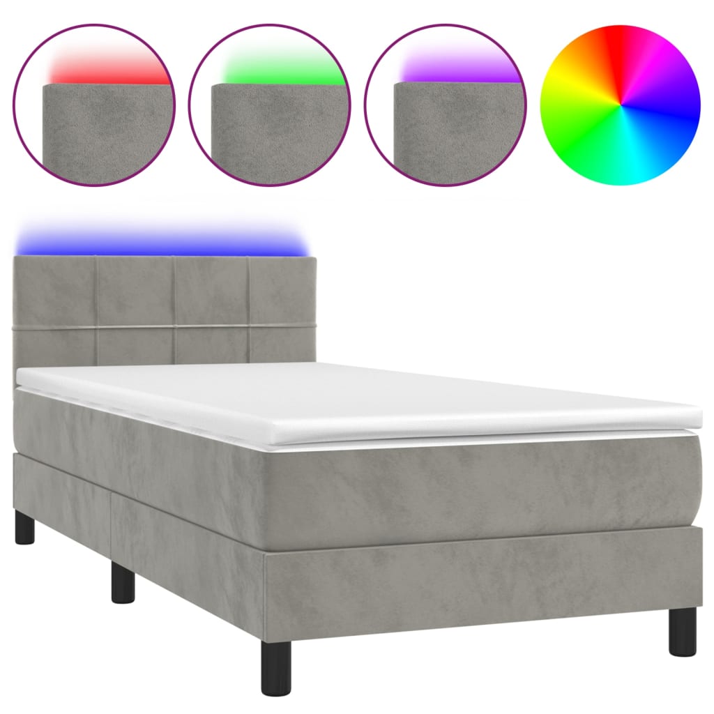 Κρεβάτι Boxspring με Στρώμα & LED Αν.Γκρι 90x200 εκ. Βελούδινο - Pakobazaar
