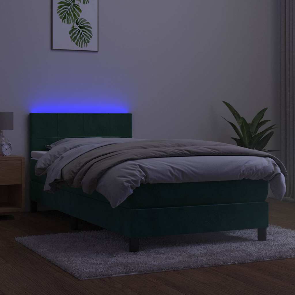 Κρεβάτι Boxspring με Στρώμα & LED Σκ. Πράσινο 90x200 εκ Βελούδο
