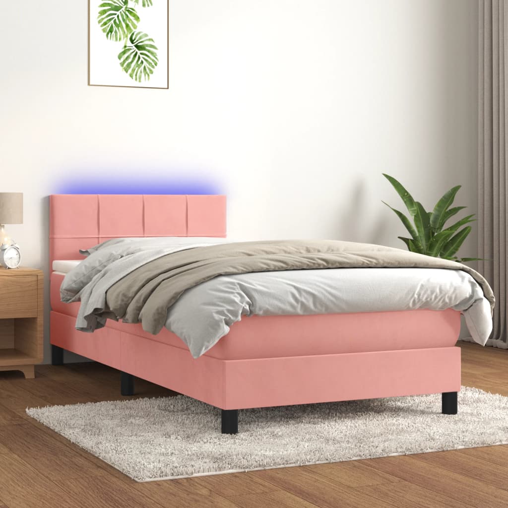 Κρεβάτι Boxspring με Στρώμα & LED Ροζ 90x200 εκ. Βελούδινο