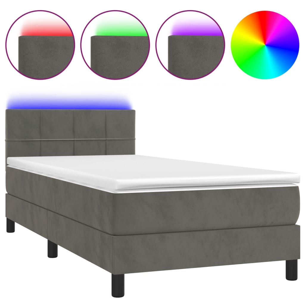 Κρεβάτι Boxspring με Στρώμα & LED Σκ. Γκρι 100x200εκ. Βελούδινο