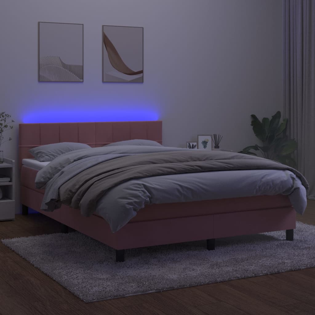 Κρεβάτι Boxspring με Στρώμα & LED Ροζ 140x190 εκ. Βελούδινο - Pakobazaar