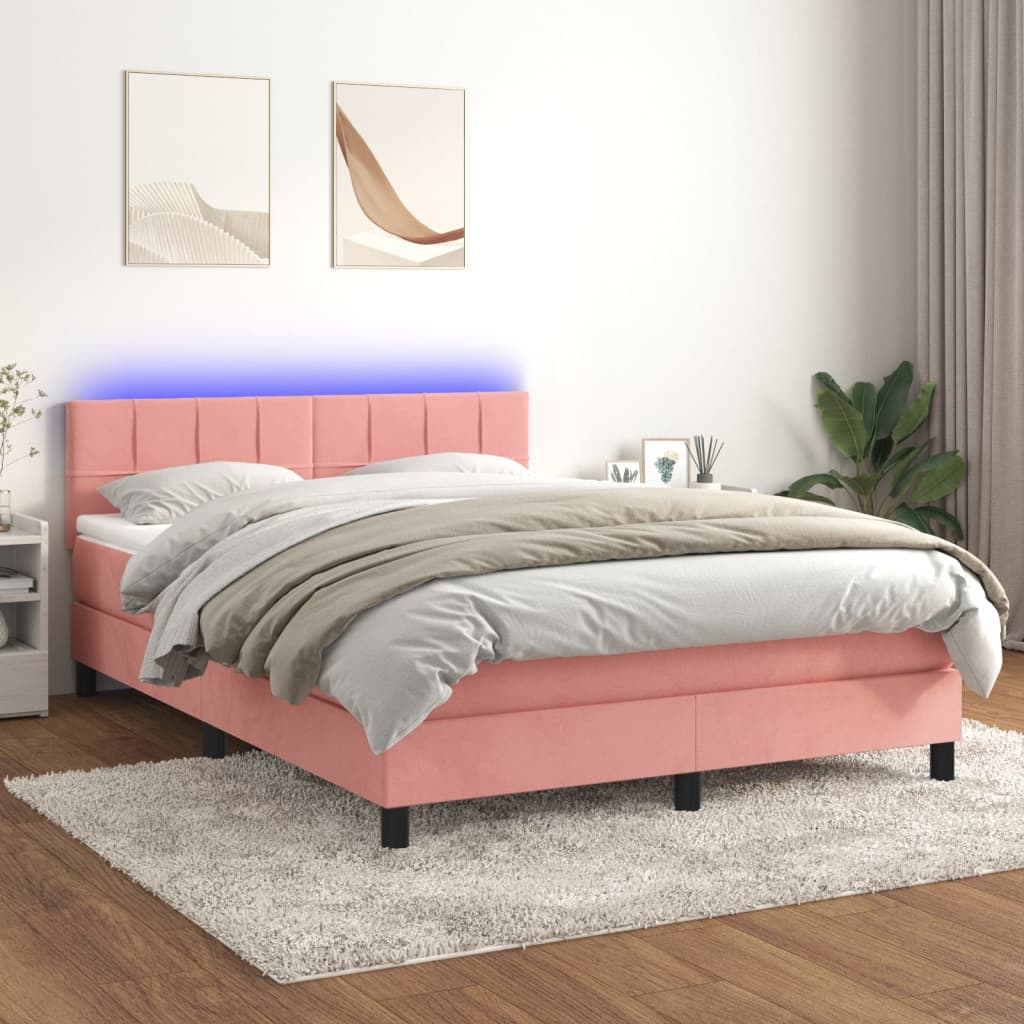 Κρεβάτι Boxspring με Στρώμα & LED Ροζ 140x200 εκ. Βελούδινο - Pakobazaar