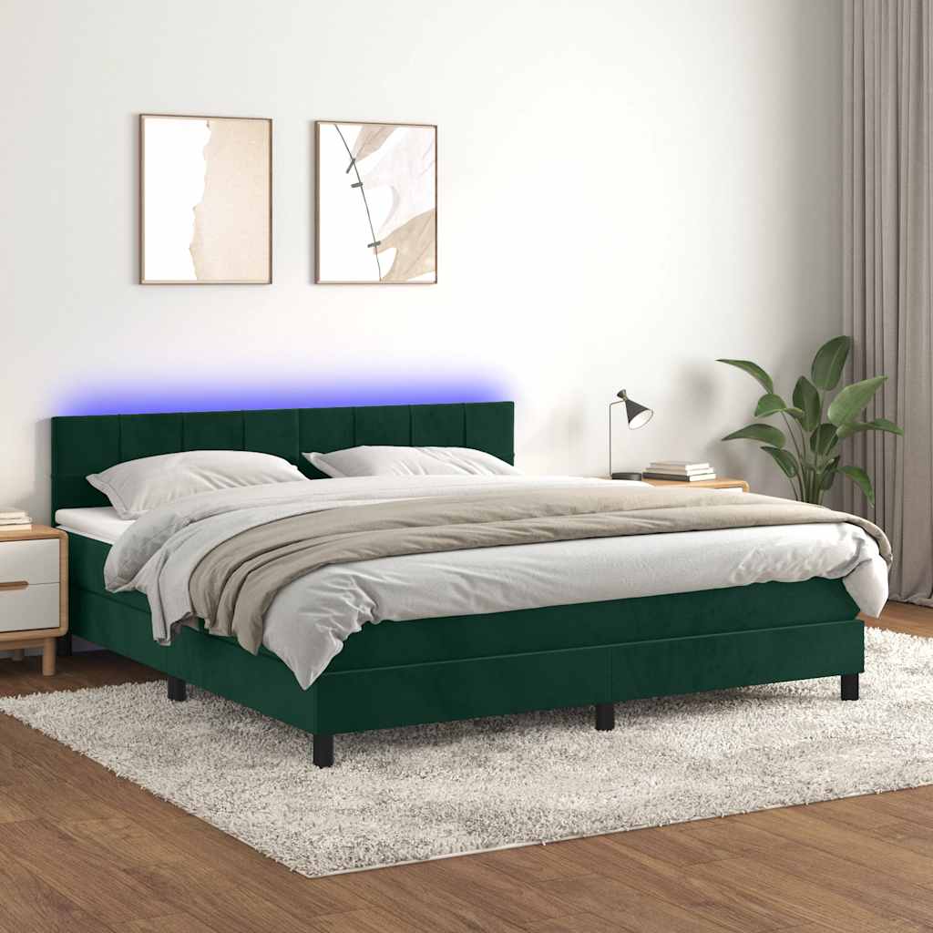 Κρεβάτι Boxspring με Στρώμα & LED Σκ. Πράσινο 160x200εκ Βελούδο