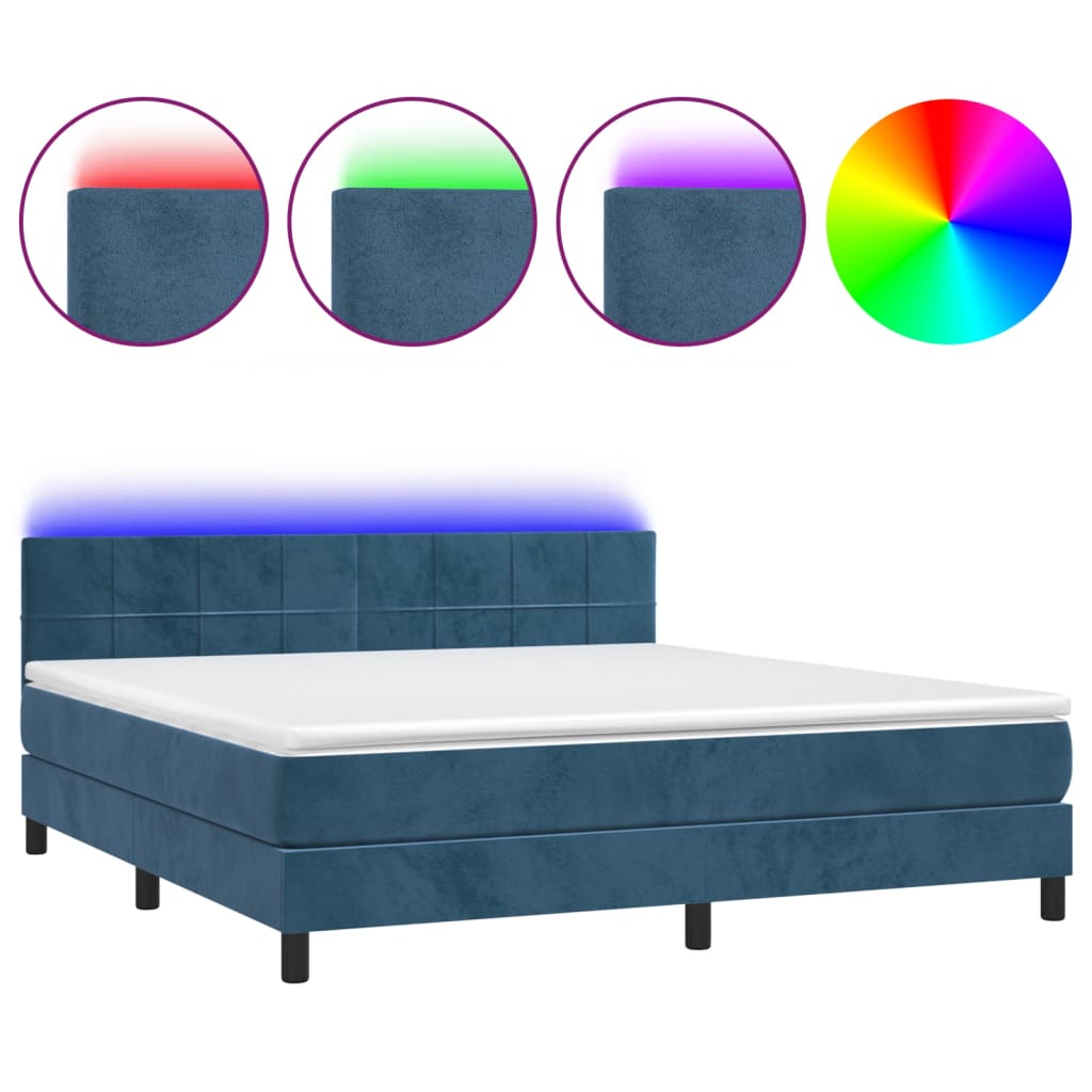 Κρεβάτι Boxspring με Στρώμα & LED Σκ. Μπλε 160x200εκ. Βελούδινο