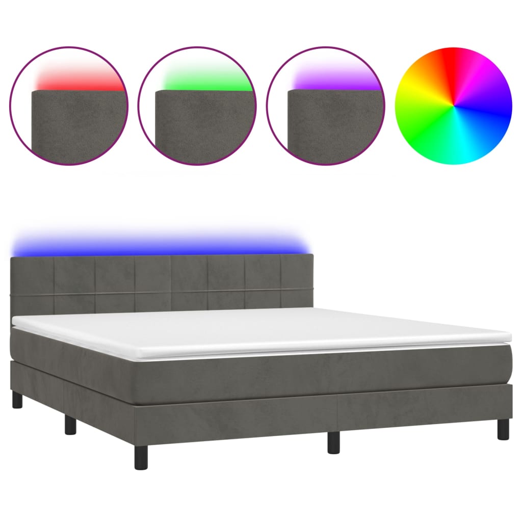 Κρεβάτι Boxspring με Στρώμα & LED Σκ. Γκρι 180x200εκ. Βελούδινο