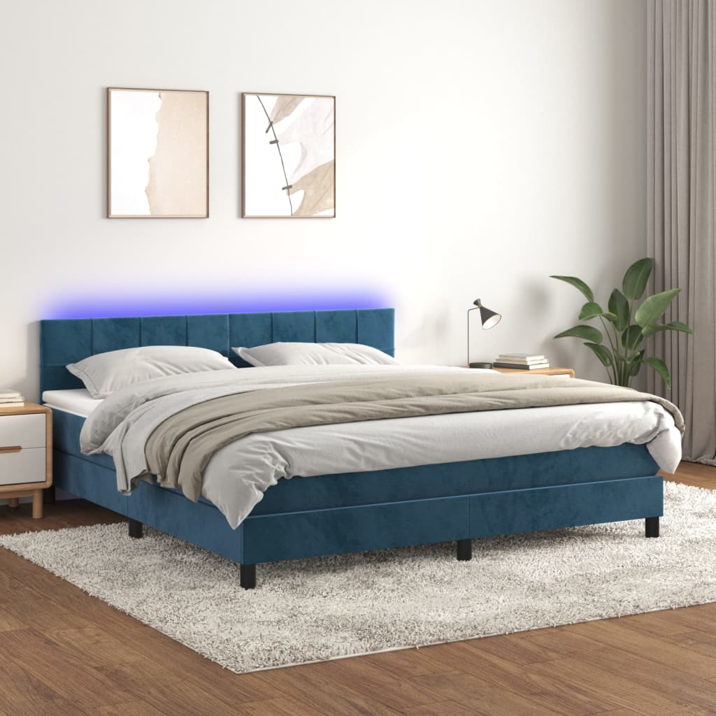 Κρεβάτι Boxspring με Στρώμα & LED Σκ. Μπλε 180x200εκ. Βελούδινο