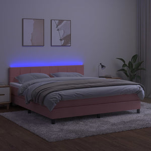 Κρεβάτι Boxspring με Στρώμα & LED Ροζ 180x200 εκ. Βελούδινο