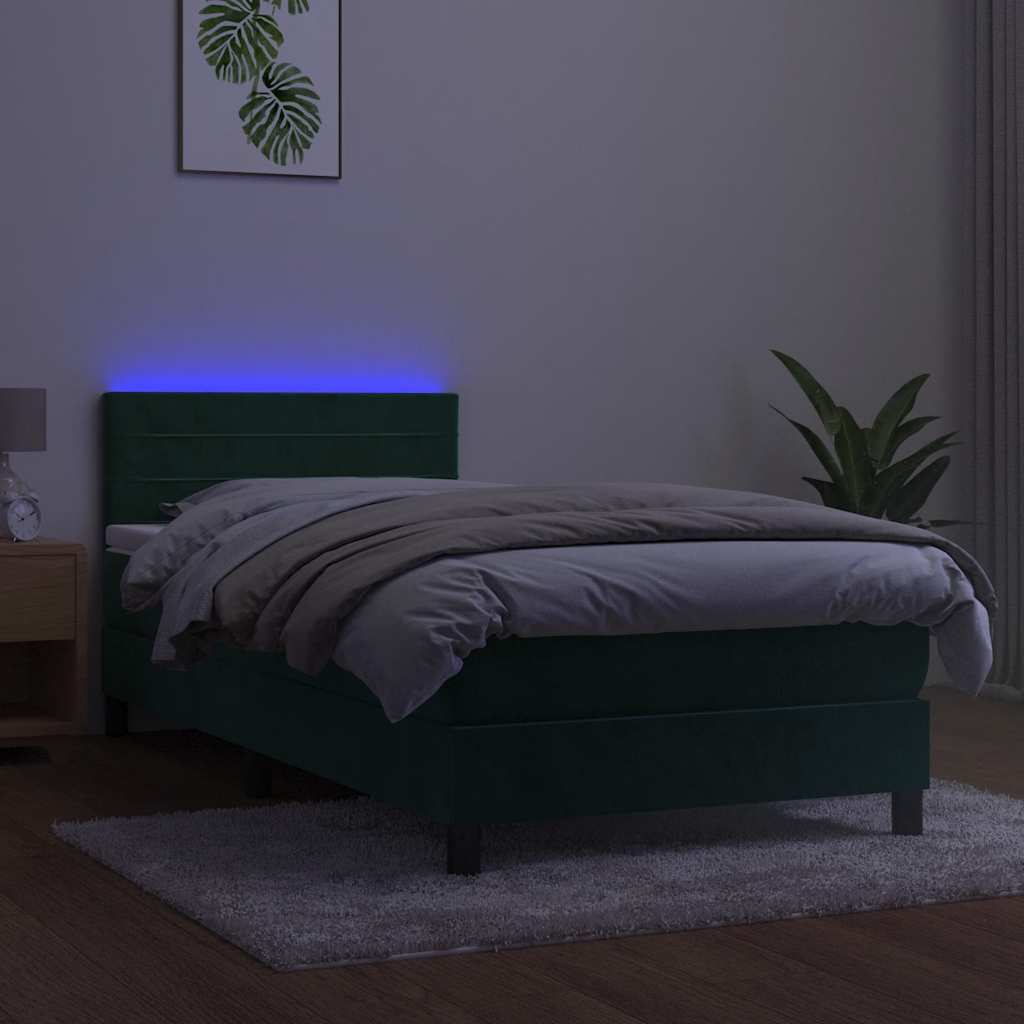 Κρεβάτι Boxspring με Στρώμα & LED Σκ. Πράσινο 90x190 εκ Βελούδο