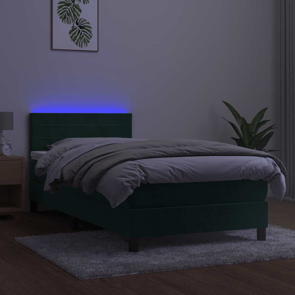 Κρεβάτι Boxspring με Στρώμα & LED Σκ. Πράσινο 90x200 εκ Βελούδο