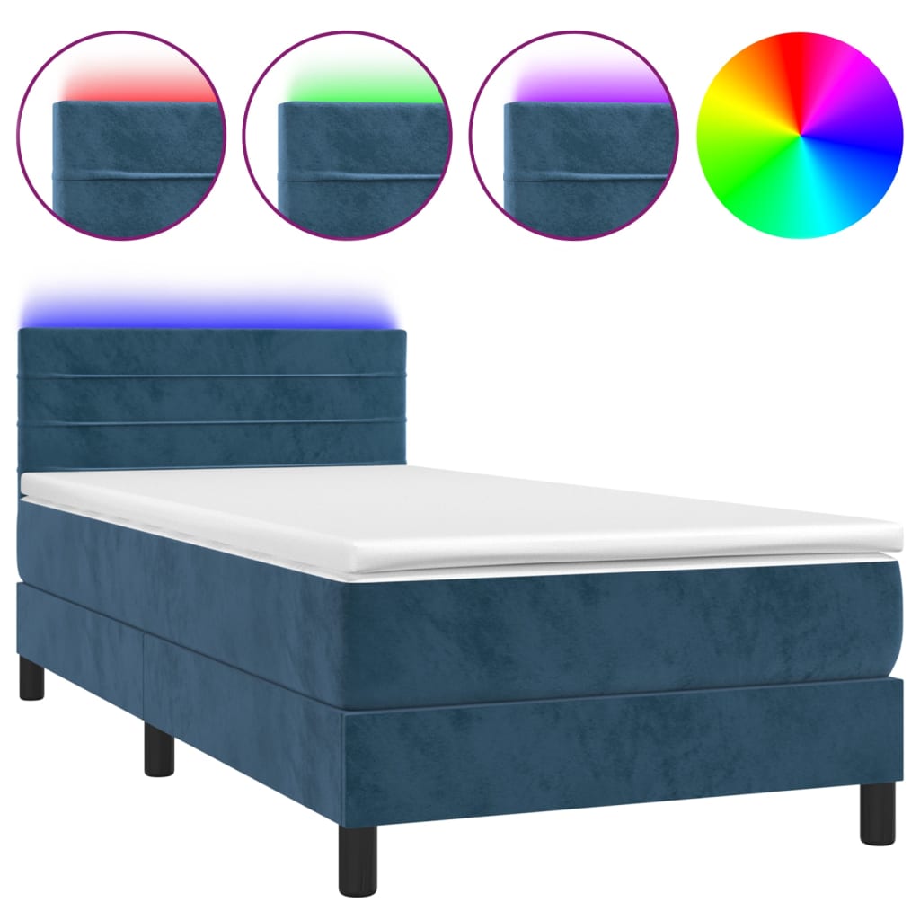 Κρεβάτι Boxspring με Στρώμα & LED Σκ. Μπλε 100x200εκ. Βελούδινο