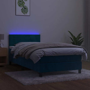 Κρεβάτι Boxspring με Στρώμα & LED Σκ. Μπλε 100x200εκ. Βελούδινο